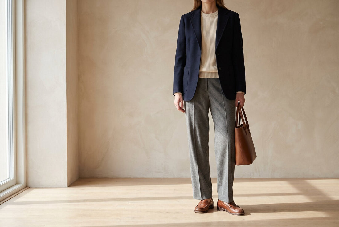 Marineblauer Blazer über feinem cremefarbenem Strickpullover, dazu eine graue Wollhose mit Bügelfalte und braune Loafer