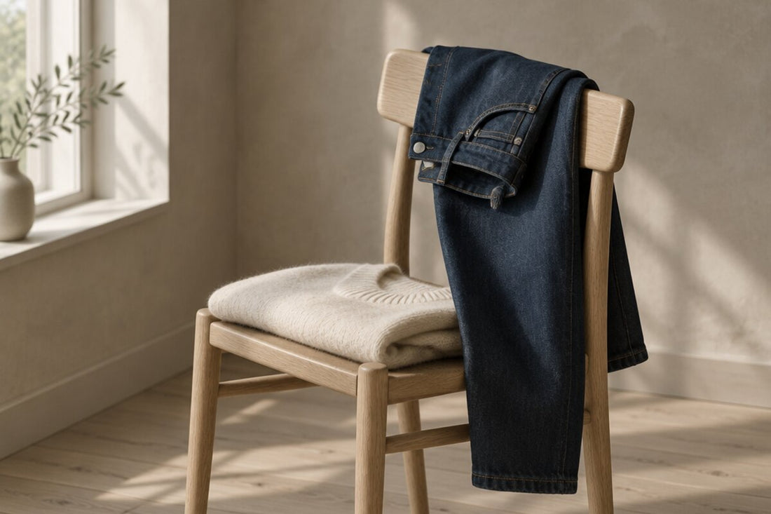 Dunkelblaue Jeans ueber einer Eichenstuhllehne, daneben ein cremefarbener Strickpullover