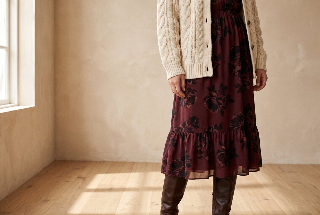 Midikleid mit dunklem Blumendruck auf Bordeaux und Volant am Saum, darüber eine cremefarbene Zopfstrickjacke, dazu braune Lederstiefel