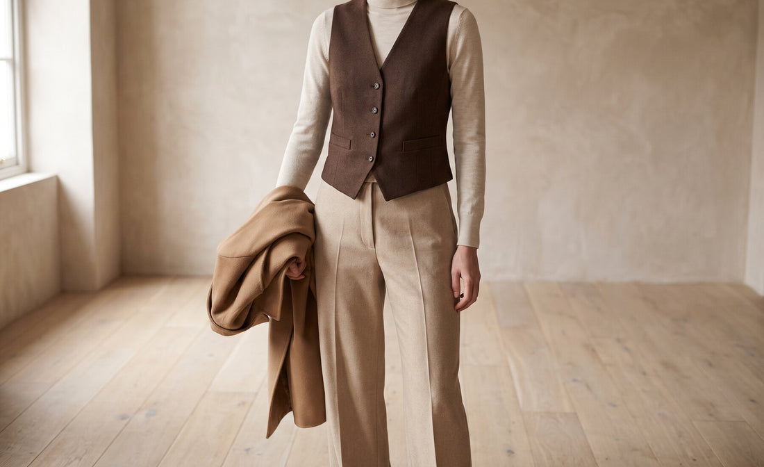 Braune Wollweste über cremefarbenem Rollkragenpullover, dazu eine sandfarbene Stoffhose mit Bügelfalte und ein Mantel in Camel über dem Arm