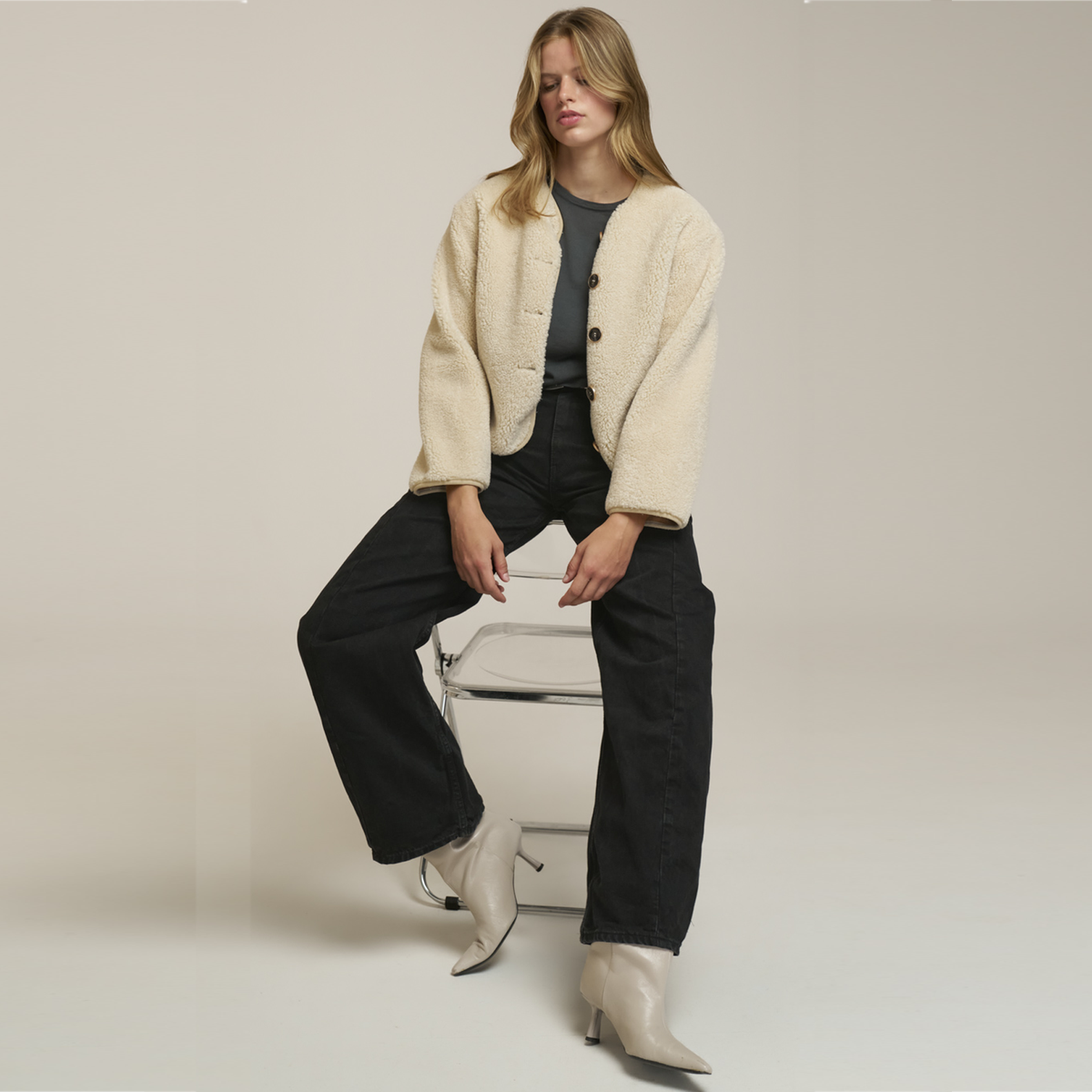 0039ITALY Jacke RICARDA in Teddyfell-Optik - Pale Ivory