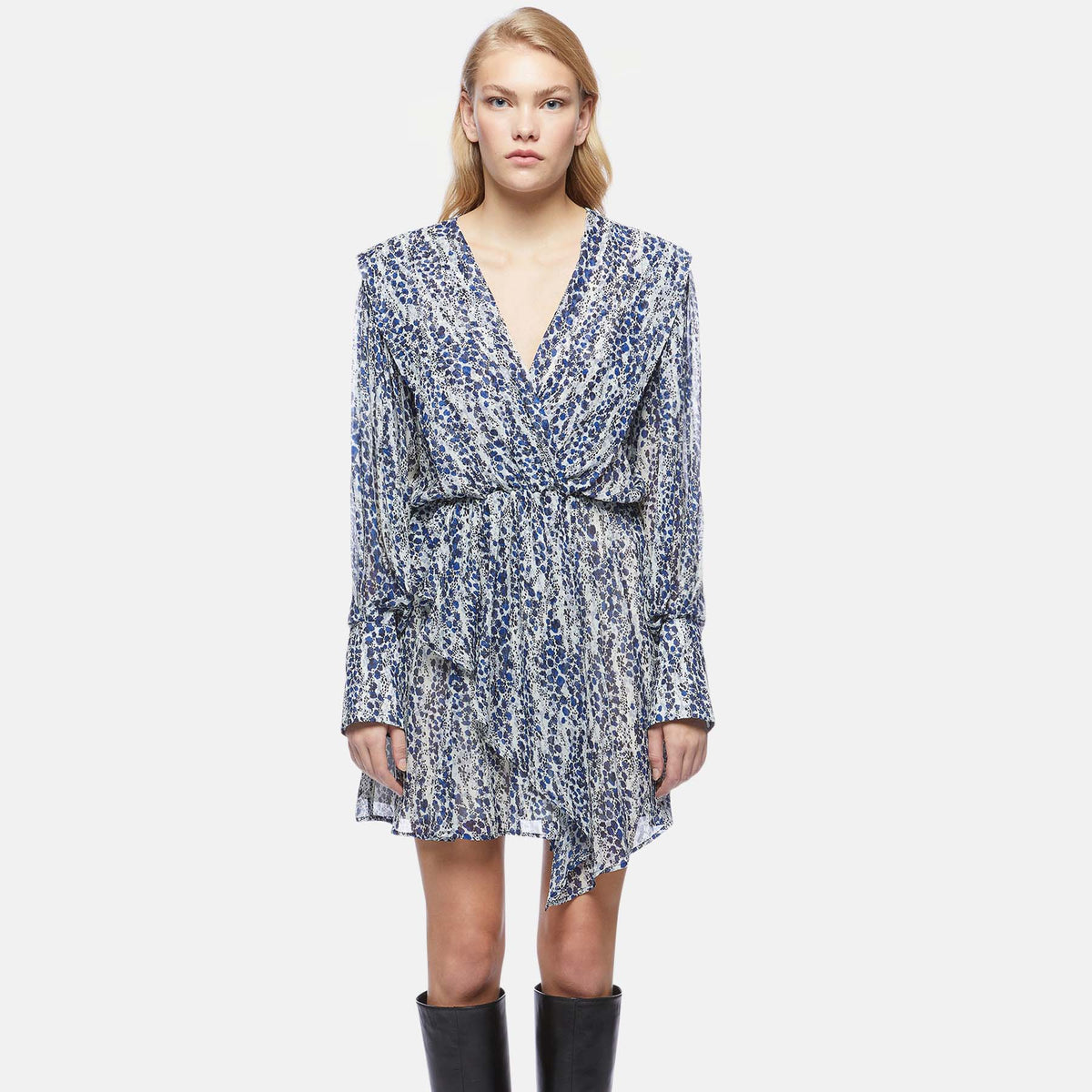 dondup-kleid-v-neck-cache-coeur-volants-blau-beige-gemustert-da371-003-2