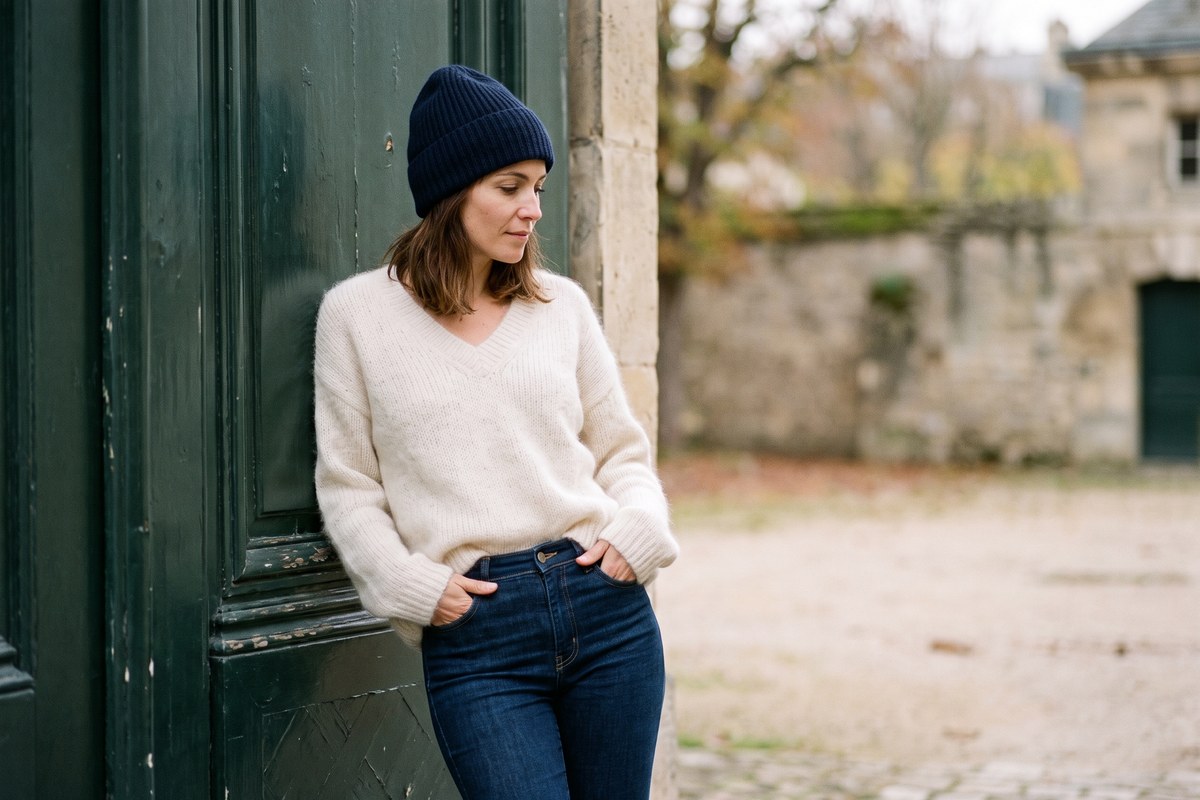 Frau in dunkler Jeans, ecrufarbenem Alpaka-Pullover und dunkelblauer Wollmütze an einer grünen Tür