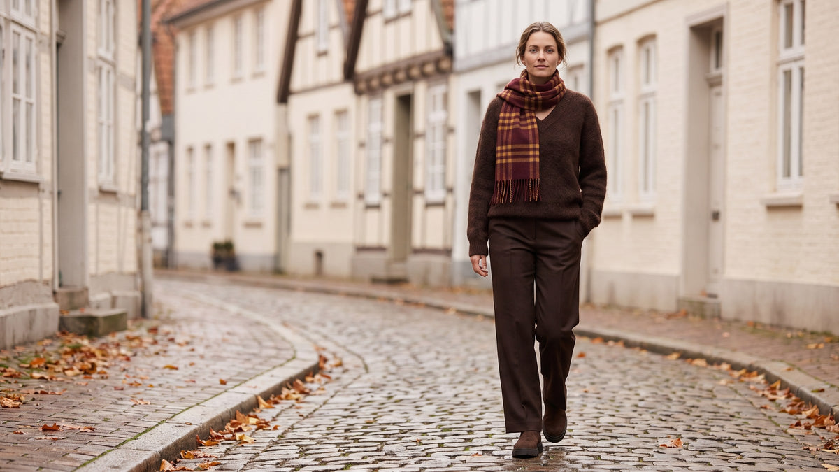 Frau in braunem Alpaka-Pullover, brauner Wollhose und braunen Wildleder-Chelsea-Boots mit kariertem Schal auf einer Kopfsteinpflastergasse