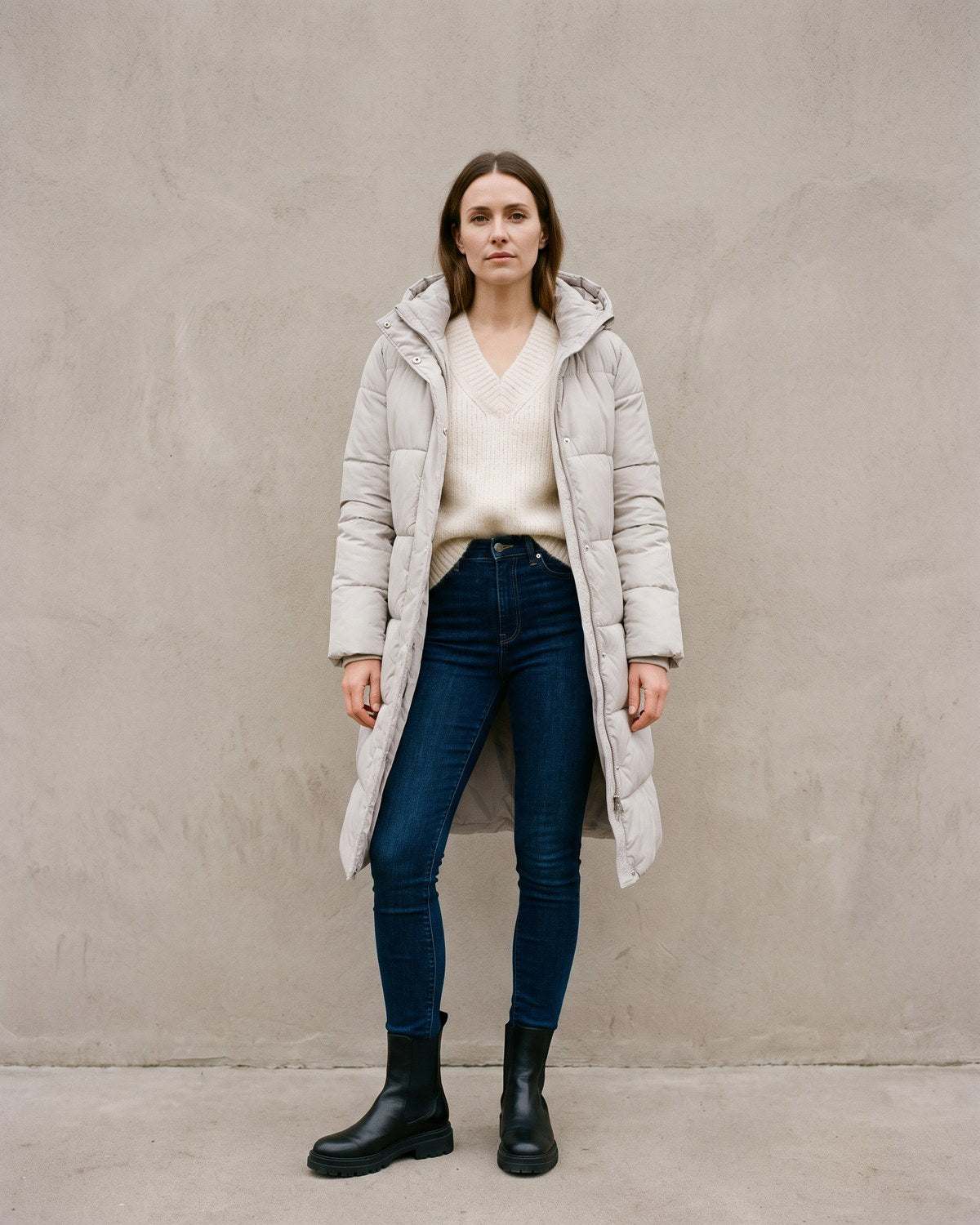 Frau in hellgrauem Steppmantel über ecrufarbenem Alpaka-Pullover, dunkler Jeans und schwarzen Chelsea-Boots