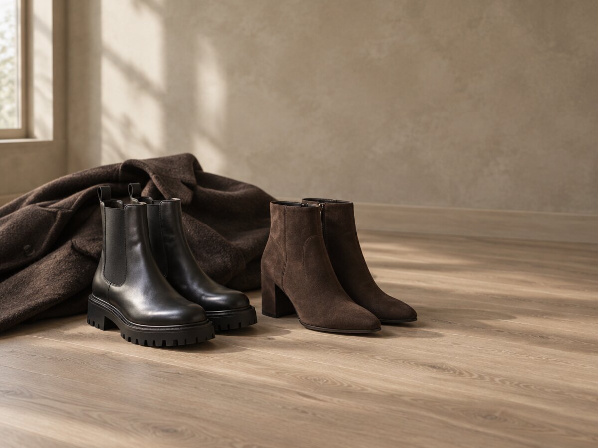 Schwarze Chelsea Boots und braune Wildleder-Stiefeletten auf hellem Eichenboden neben einem Wollmantel