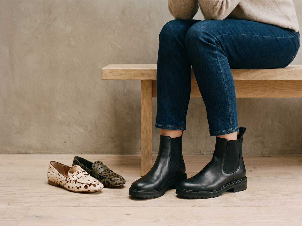 Schwarze Chelsea-Boots an den Füßen, daneben zwei Loafer in Leopardenmuster