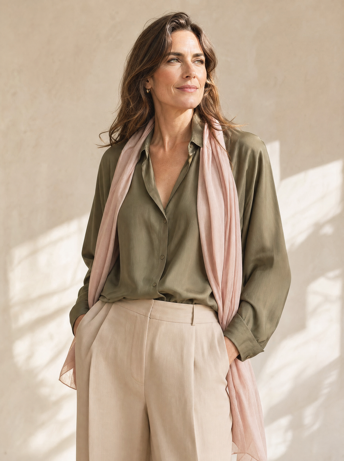 CAMBIO Sommer-Look mobil, Modell in Olivgrün und Champagne mit Blush-Schal