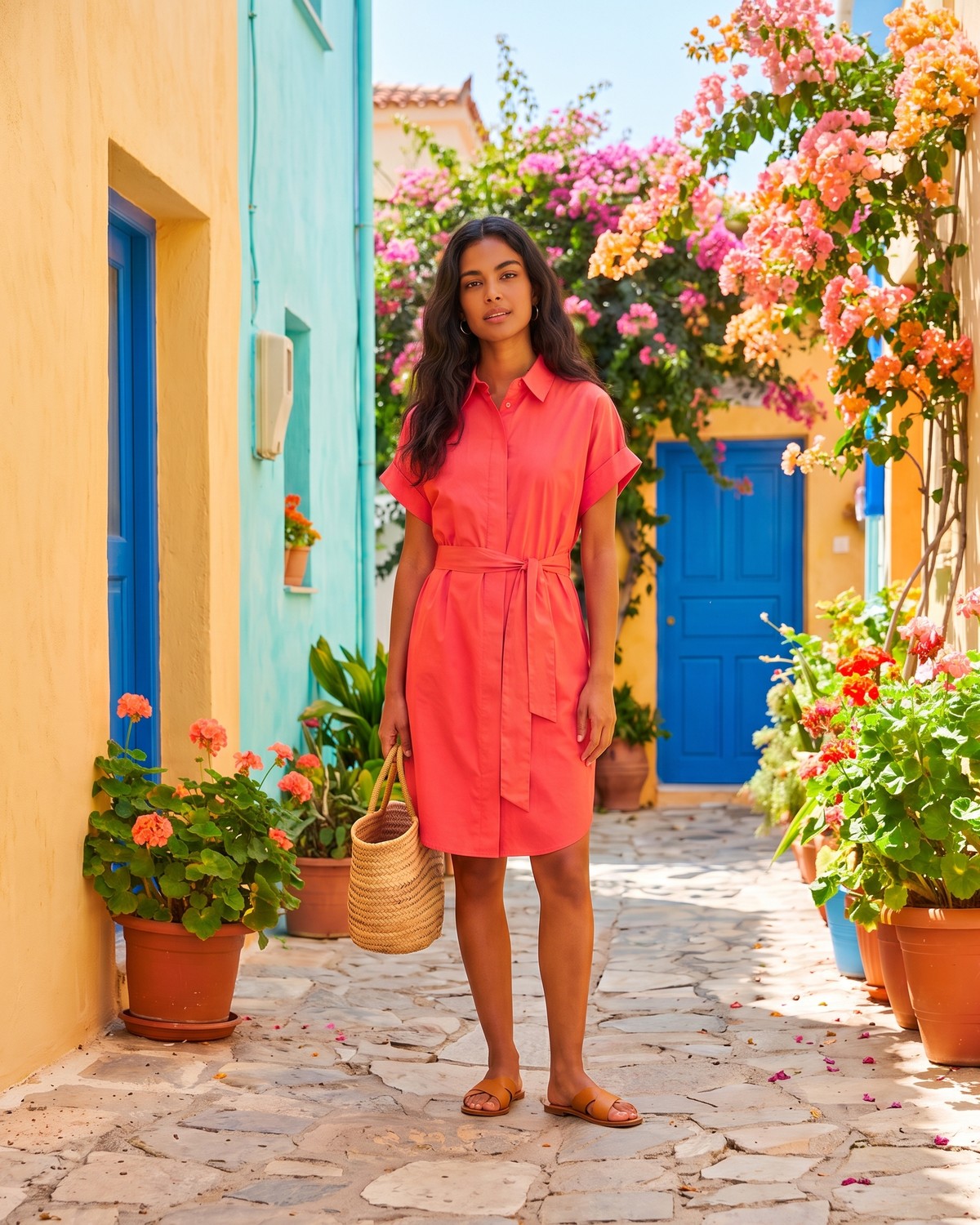Dasselbe Model im korallenroten Hemdblusenkleid DERBY von 0039 ITALY, Hochformat für Mobilgeräte, KI-generiertes Kampagnenmotiv