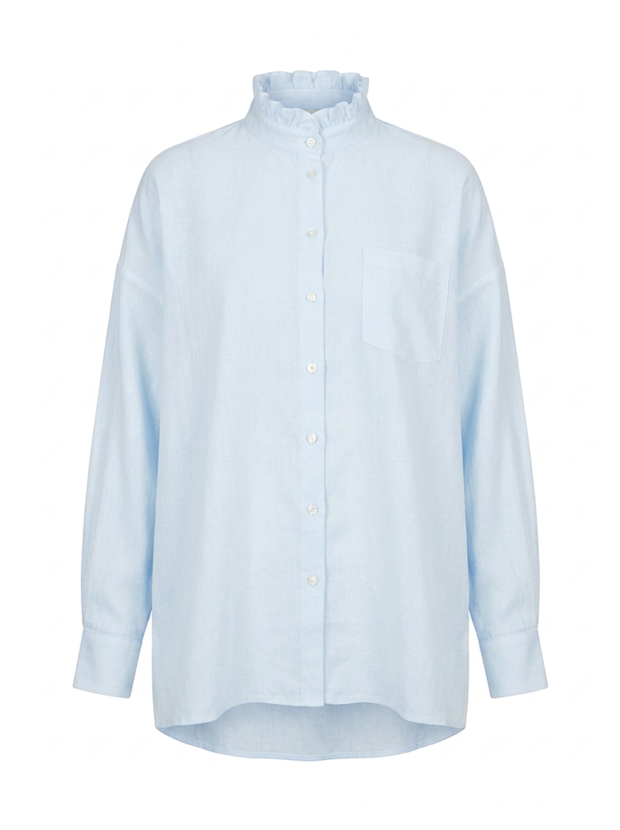 NARLI Bluse Rüsche Stehkragen Sky-Blau Front